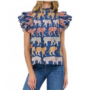 Oliphant Blue Tiger Print Ruffle Top with Multicolor Tigers NWT